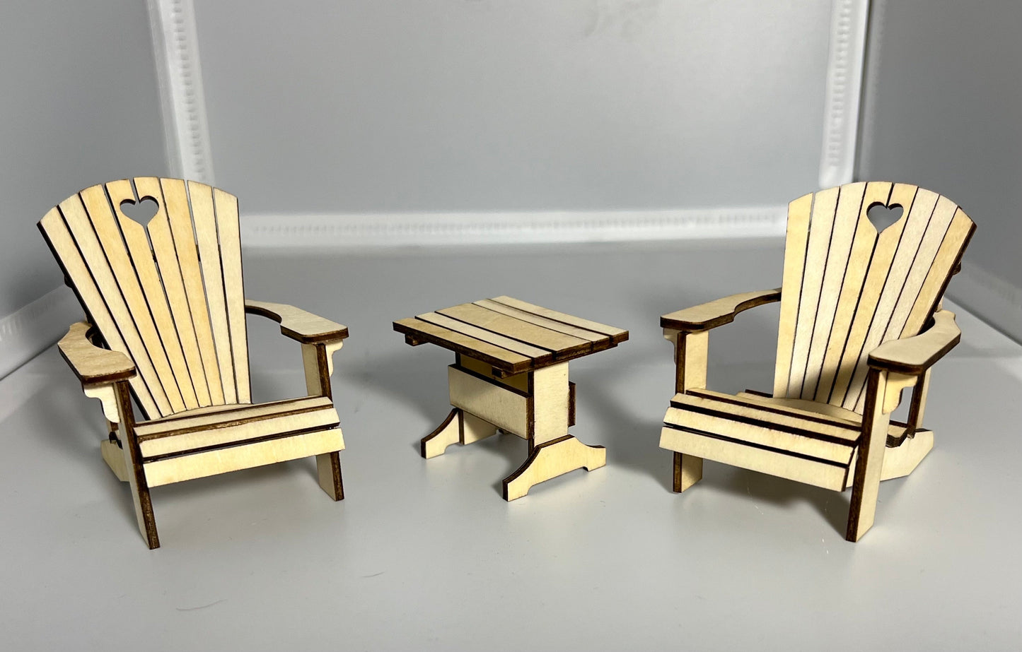 Miniature Adirondack Chair and Table Set Assembled unpainted - 1:12 Scale Dollhouse Furniture
