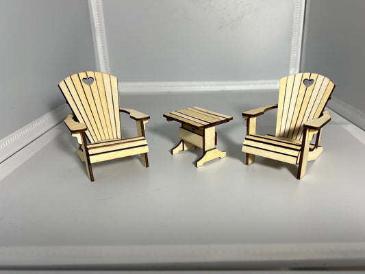 Miniature Adirondack Chair and Table Set Assembled unpainted - 1:12 Scale Dollhouse Furniture